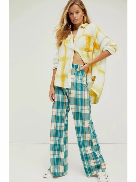 Free People Pants - Free People Teal Plaid Wide Leg Pants